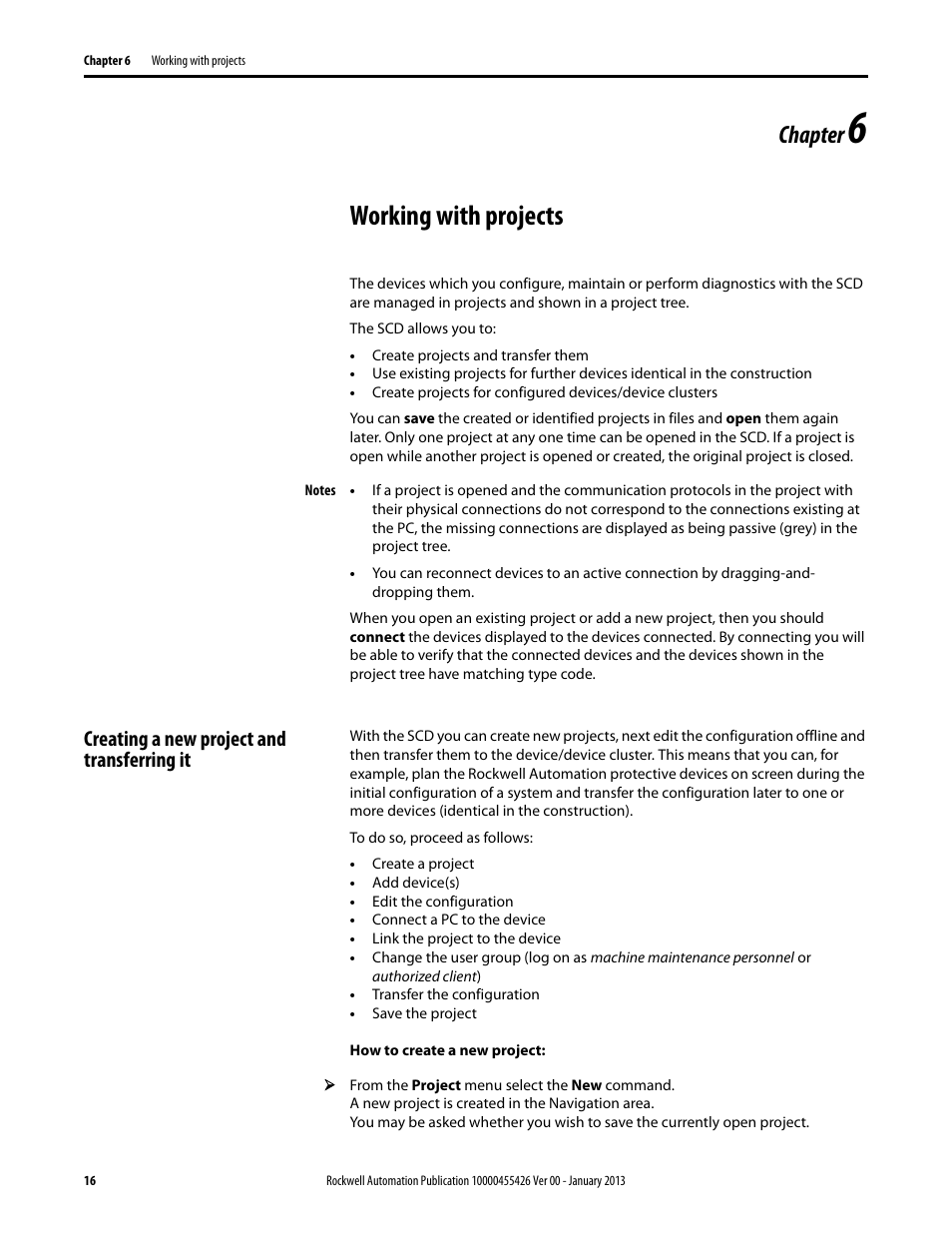Working with projects, Chapter, Creating a new project and transferring it | Rockwell Automation 442L Safety Configuration & Diagnosis (SCD) User Manual User Manual | Page 18 / 40