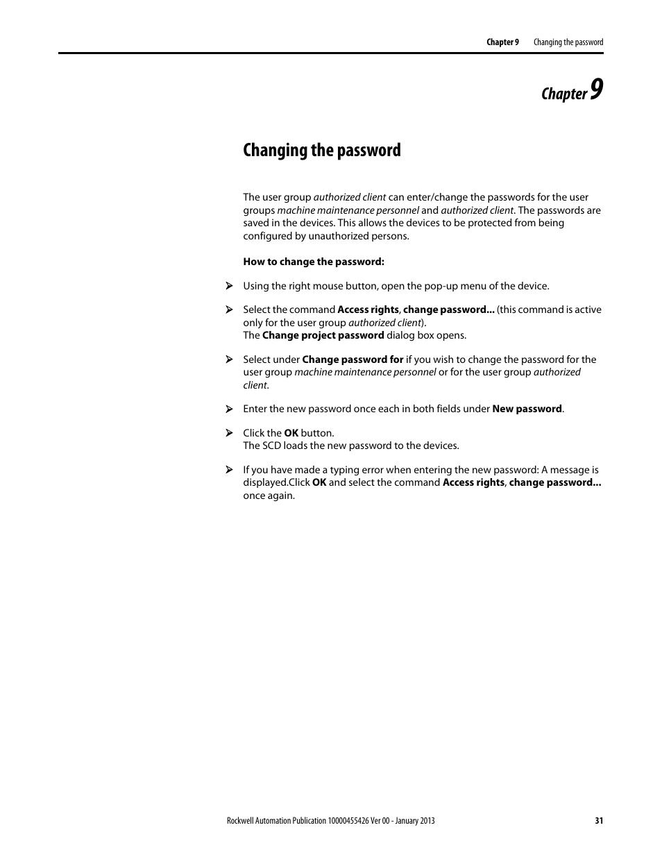 Changing the password, Chapter | Rockwell Automation 442L Safety Configuration & Diagnosis (SCD) User Manual User Manual | Page 33 / 40