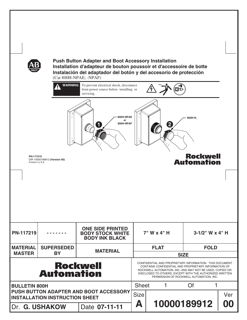 Rockwell Automation 800H-NPAE_NPAF Push Button Adapter and Boot Accessory User Manual | 1 page