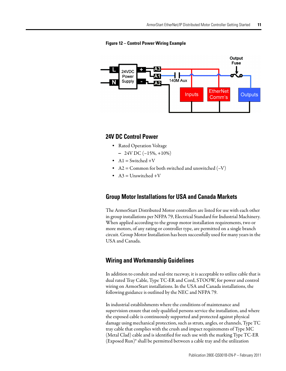 24v dc control power, Wiring and workmanship guidelines | Rockwell Automation 281E ArmorStart EtherNet/IP - Getting Started User Manual | Page 11 / 44