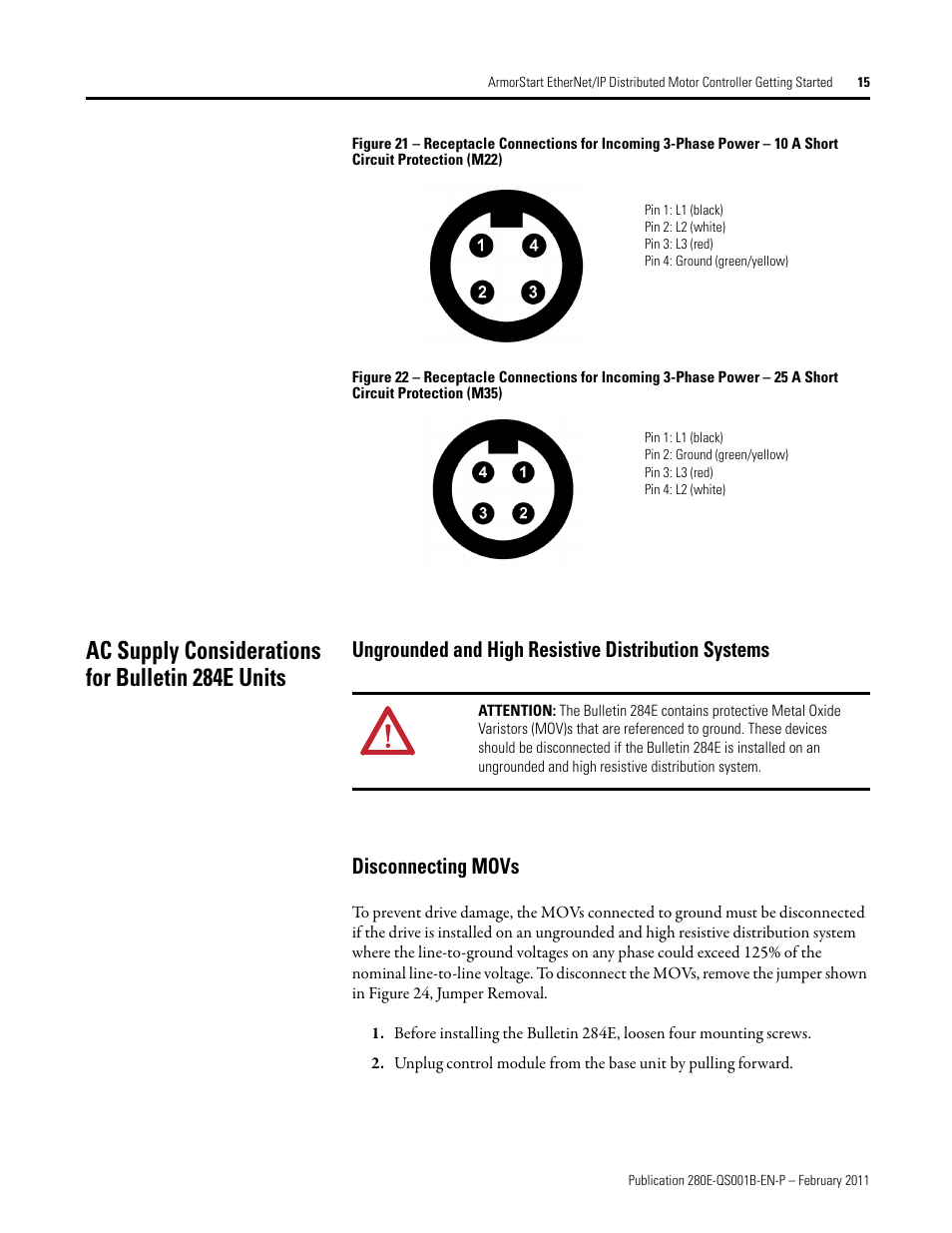 Ac supply considerations for bulletin 284e units, Ungrounded and high resistive distribution systems, Disconnecting movs | Rockwell Automation 281E ArmorStart EtherNet/IP - Getting Started User Manual | Page 15 / 44