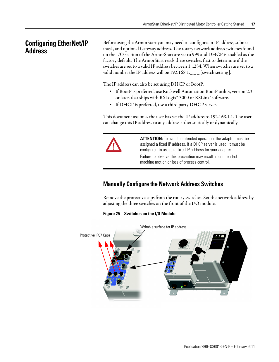 Configuring ethernet/ip address, Manually configure the network address switches | Rockwell Automation 281E ArmorStart EtherNet/IP - Getting Started User Manual | Page 17 / 44