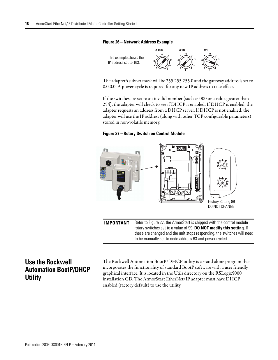 Use the rockwell automation bootp/dhcp utility, Figure 26 – network address example, Figure 27 – rotary switch on control module | Rockwell Automation 281E ArmorStart EtherNet/IP - Getting Started User Manual | Page 18 / 44
