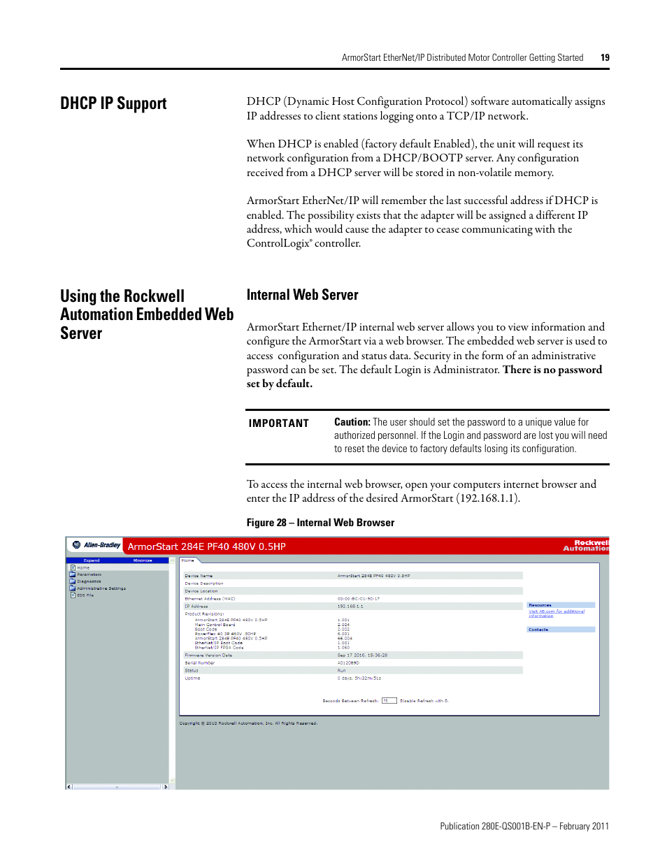 Dhcp ip support, Using the rockwell automation embedded web server, Internal web server | Rockwell Automation 281E ArmorStart EtherNet/IP - Getting Started User Manual | Page 19 / 44