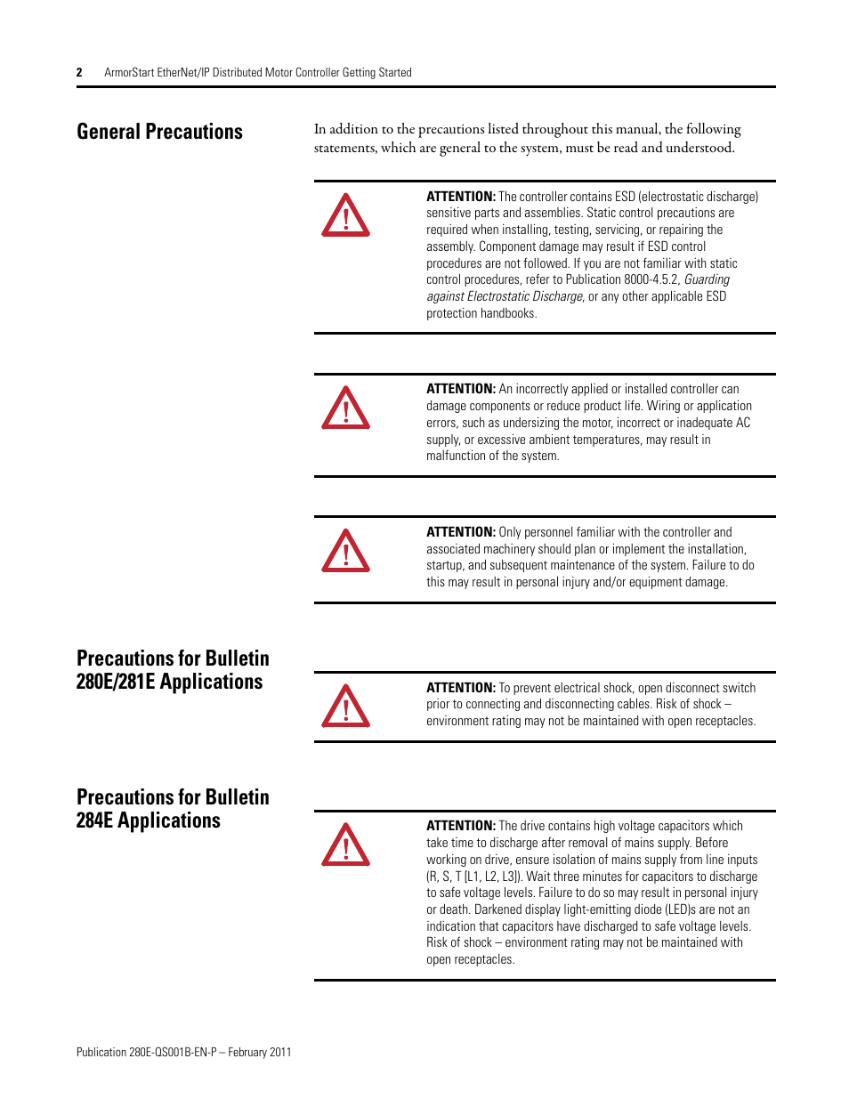 General precautions, Precautions for bulletin 280e/281e applications, Precautions for bulletin 284e applications | Rockwell Automation 281E ArmorStart EtherNet/IP - Getting Started User Manual | Page 2 / 44