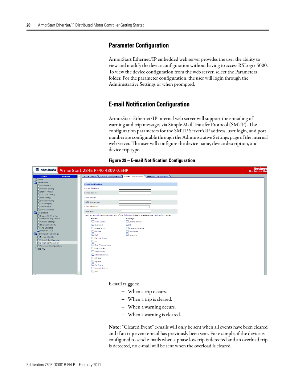 Parameter configuration, E-mail notification configuration | Rockwell Automation 281E ArmorStart EtherNet/IP - Getting Started User Manual | Page 20 / 44