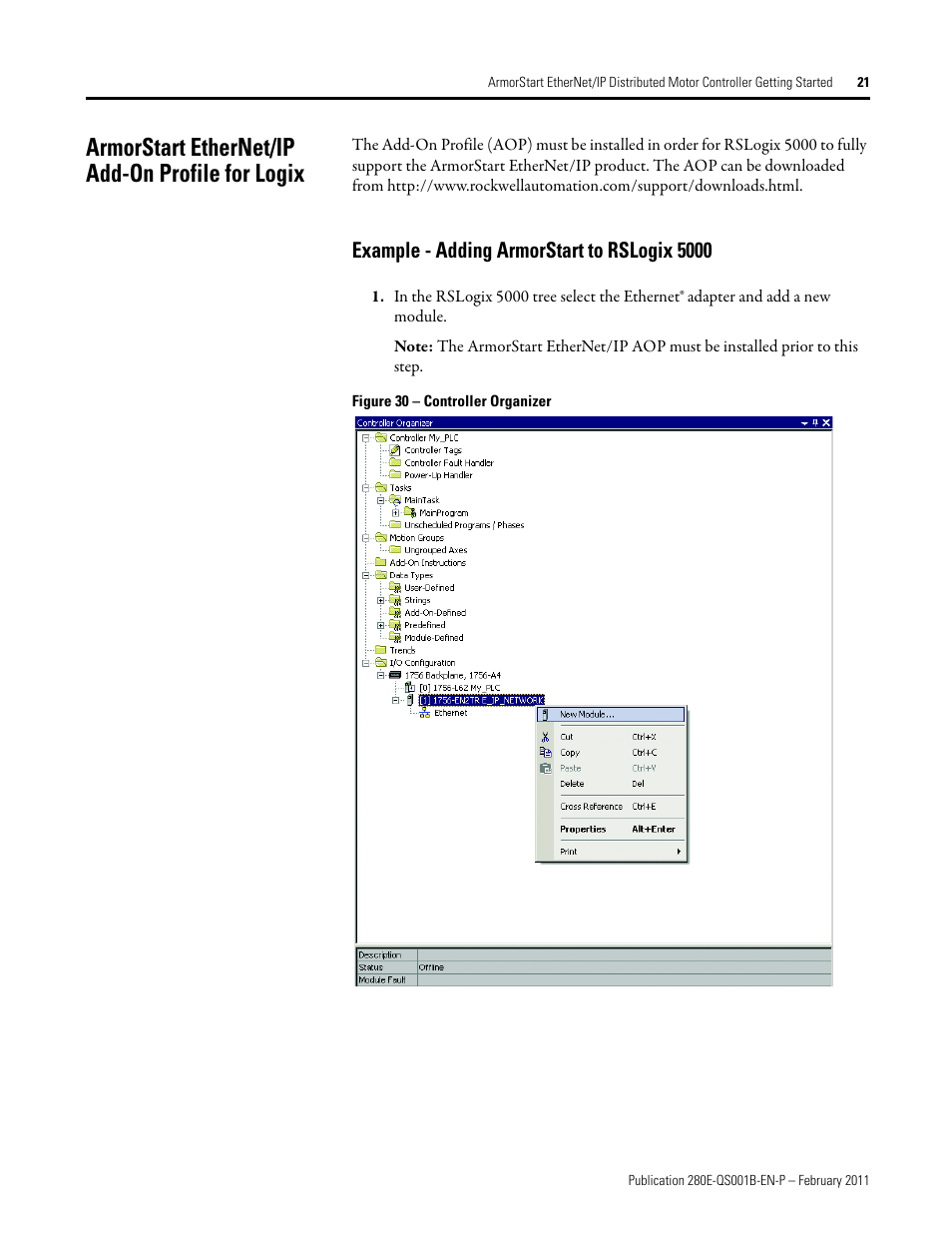 Armorstart ethernet/ip add-on profile for logix, Example - adding armorstart to rslogix 5000 | Rockwell Automation 281E ArmorStart EtherNet/IP - Getting Started User Manual | Page 21 / 44