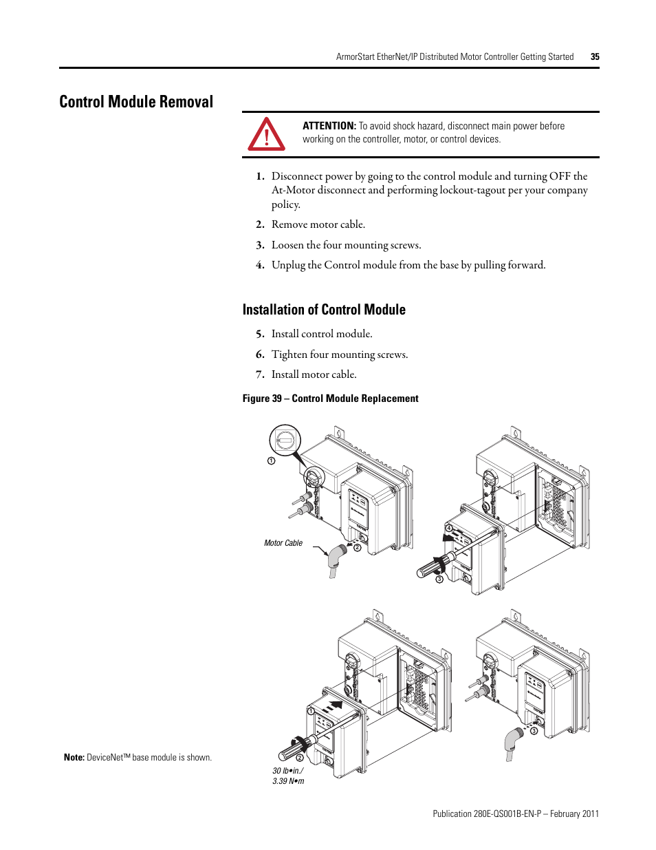 Control module removal, Installation of control module | Rockwell Automation 281E ArmorStart EtherNet/IP - Getting Started User Manual | Page 35 / 44