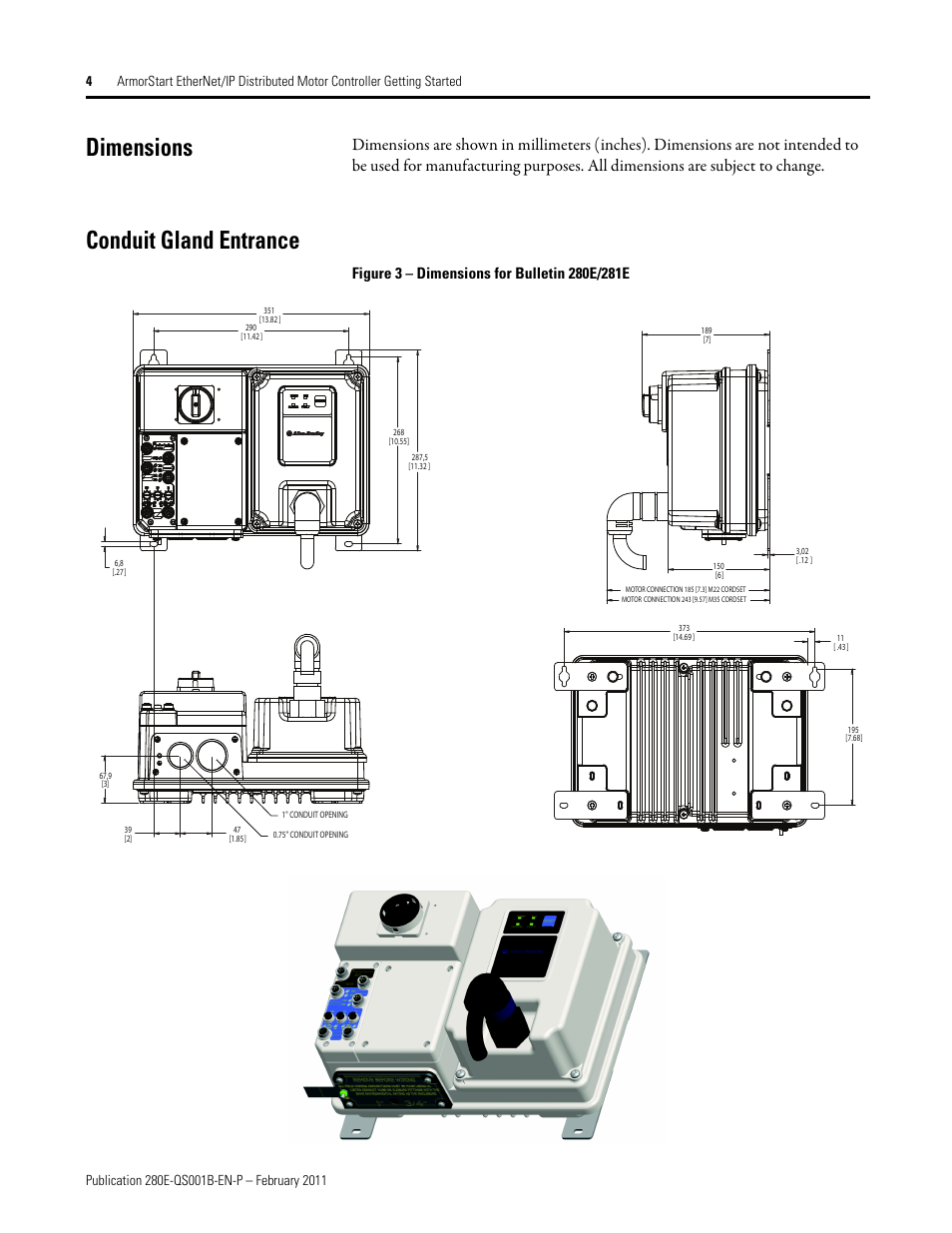Dimensions, Conduit gland entrance | Rockwell Automation 281E ArmorStart EtherNet/IP - Getting Started User Manual | Page 4 / 44