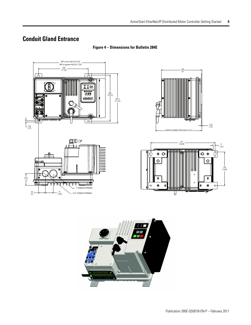 Conduit gland entrance, Figure 4 – dimensions for bulletin 284e | Rockwell Automation 281E ArmorStart EtherNet/IP - Getting Started User Manual | Page 5 / 44