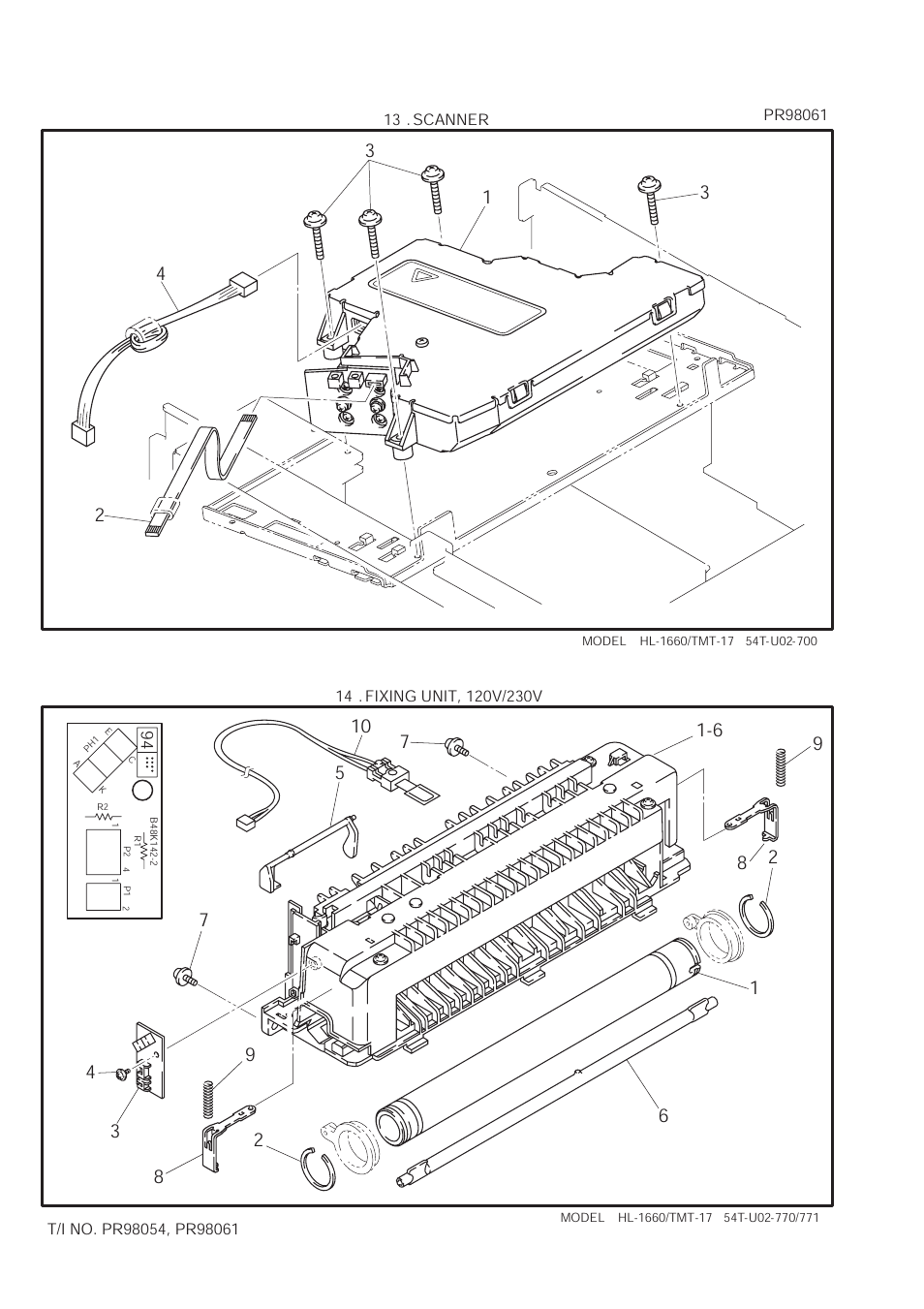 Illustration, Scanner, Pr98061 | Ref.no, Code, Q'ty, Description, Remark, Uh2815001, 1 scanner unit assy c (sp) | Brother HL 1660 User Manual | Page 19 / 25