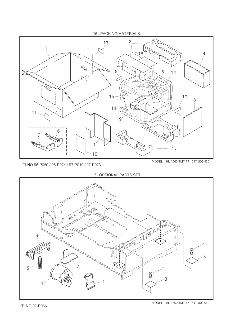 Illustration, Packing materials, Pr98065 | Ref.no, Code, Q'ty, Description, Remark, Ue0367000, 1 carton, c-no brand (tmt-17) | Brother HL 1660 User Manual | Page 23 / 25
