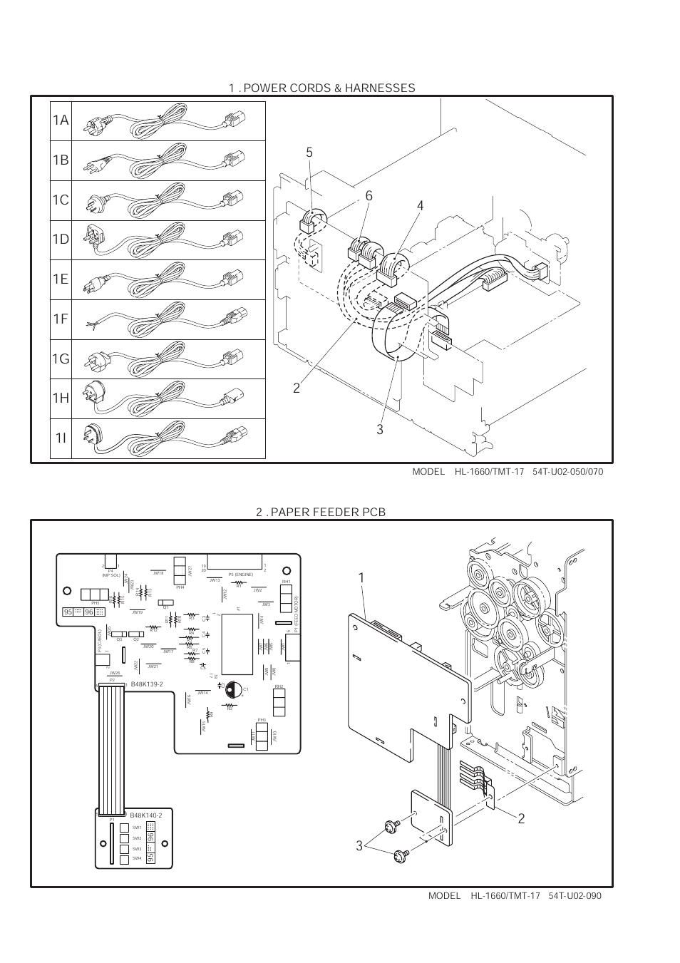 Illustration, Power cords & harnesses, Pr98046 | Ref.no, Code, Q'ty, Description, Remark, Uh1052001, 1 ac cord, vde | Brother HL 1660 User Manual | Page 5 / 25