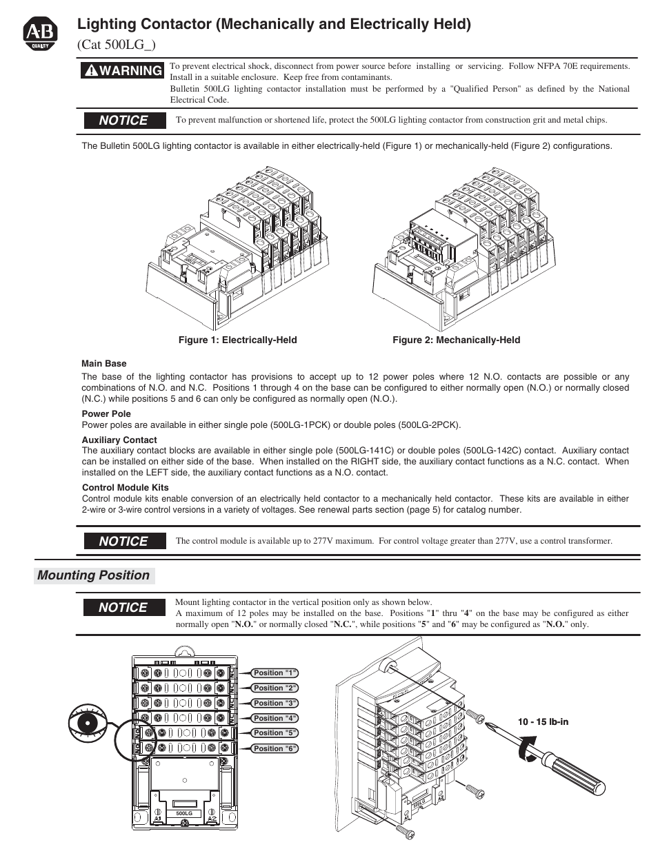 Rockwell Automation 500LG Lighting Contactor (Mechanically and Electrically Held) User Manual | 6 pages