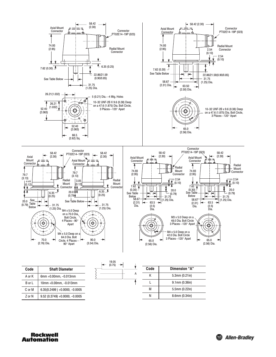 Dimensions—mm (inches), Shaft diameter options, Flat dimensions | Code shaft diameter, Code dimension a | Rockwell Automation 845D Absolute Encoder, Size 25 User Manual | Page 3 / 4