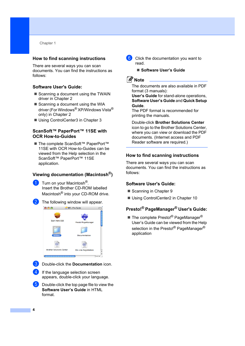 How to find scanning instructions, Software user's guide, Scansoft™ paperport™ 11se with ocr how-to-guides | Viewing documentation (macintosh®) | Brother DCP-7040 User Manual | Page 10 / 103