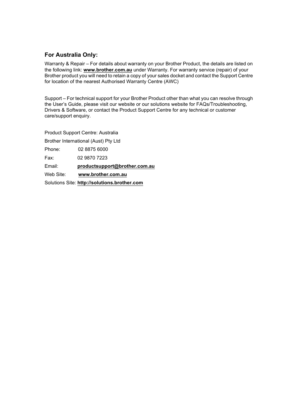 For australia only | Brother DCP-7040 User Manual | Page 102 / 103