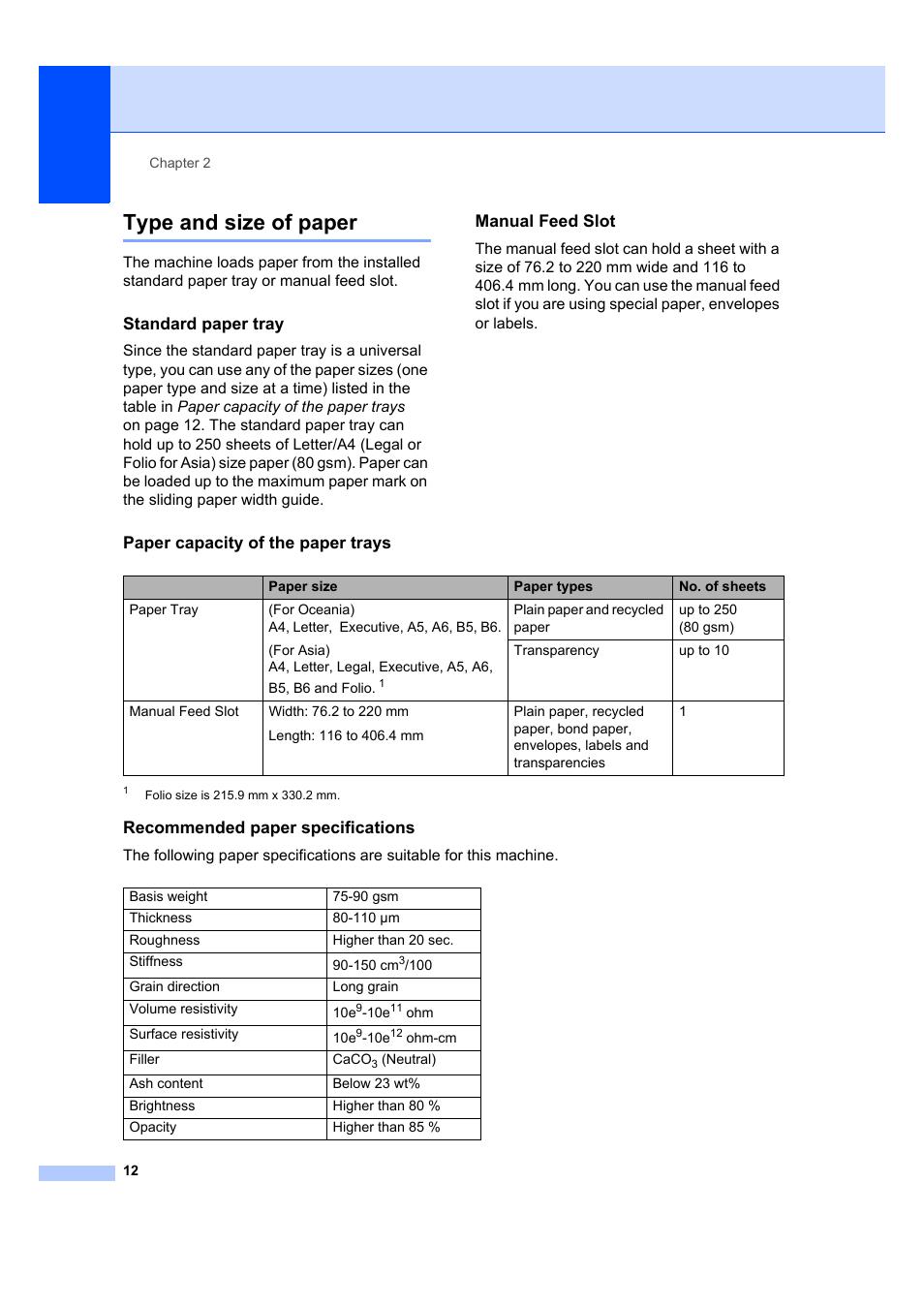 Type and size of paper, Standard paper tray, Manual feed slot | Paper capacity of the paper trays, Recommended paper specifications | Brother DCP-7040 User Manual | Page 18 / 103