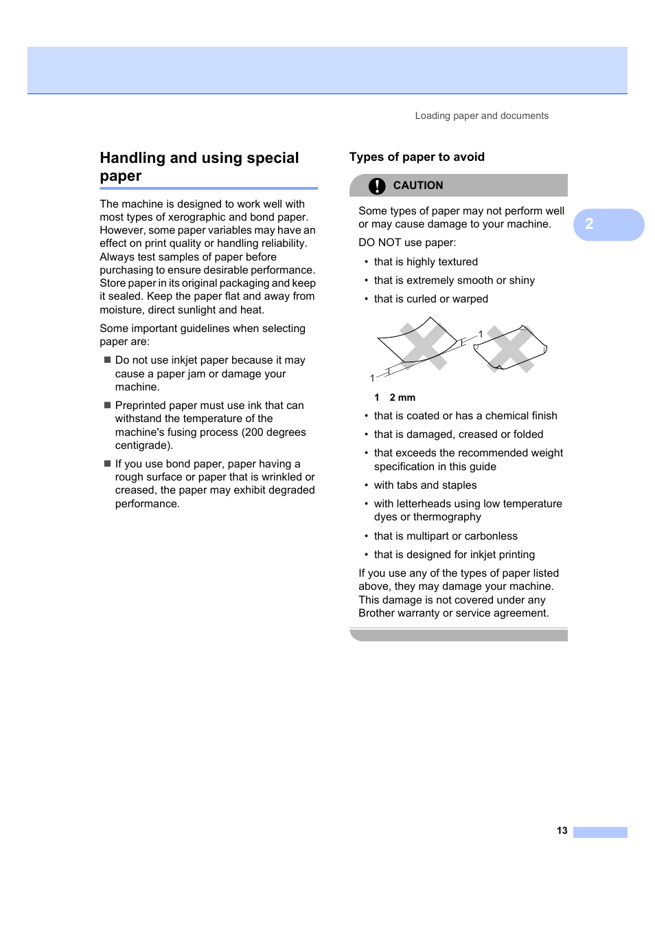 Handling and using special paper, Types of paper to avoid, 2handling and using special paper | Brother DCP-7040 User Manual | Page 19 / 103