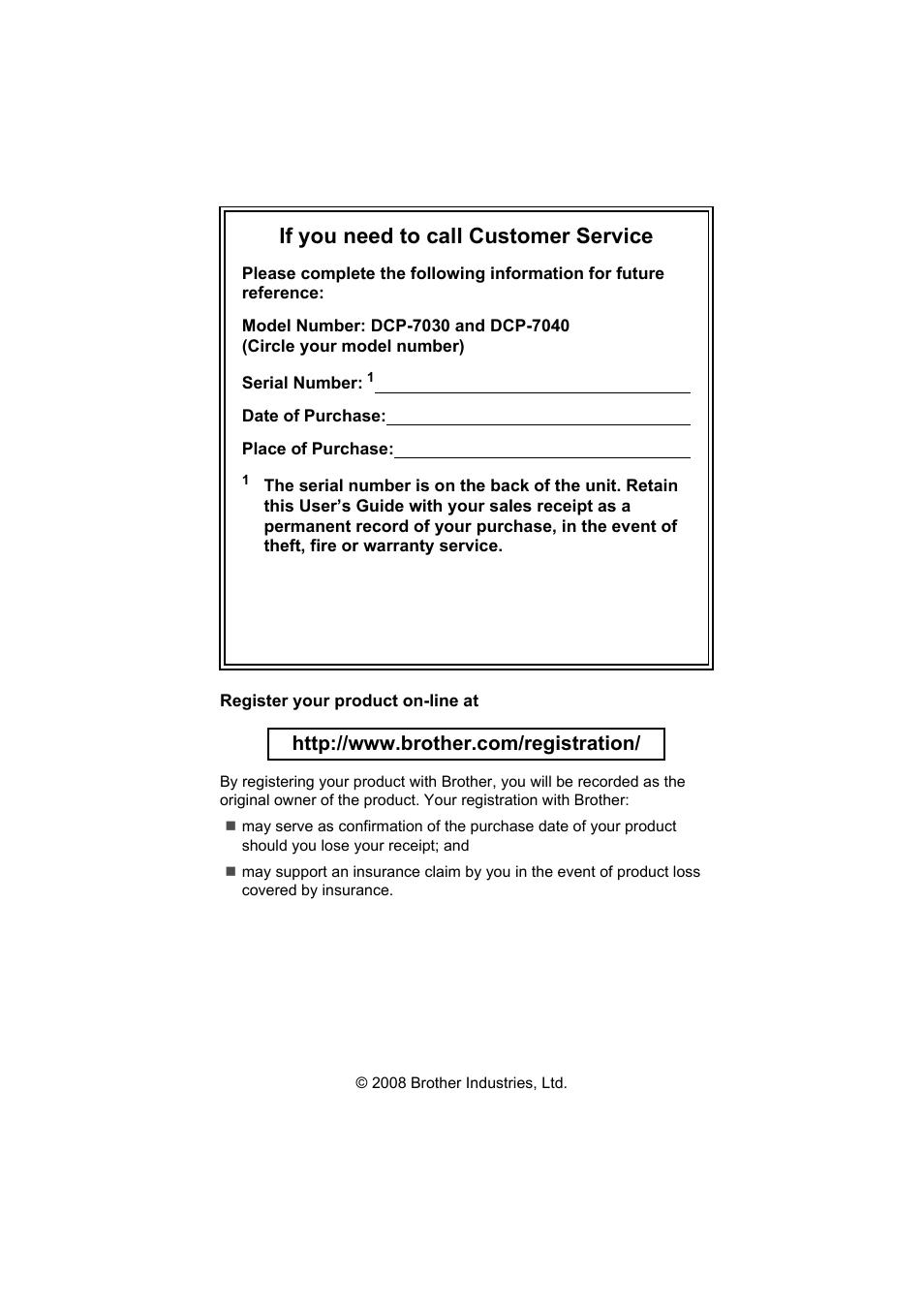 If you need to call customer service | Brother DCP-7040 User Manual | Page 2 / 103