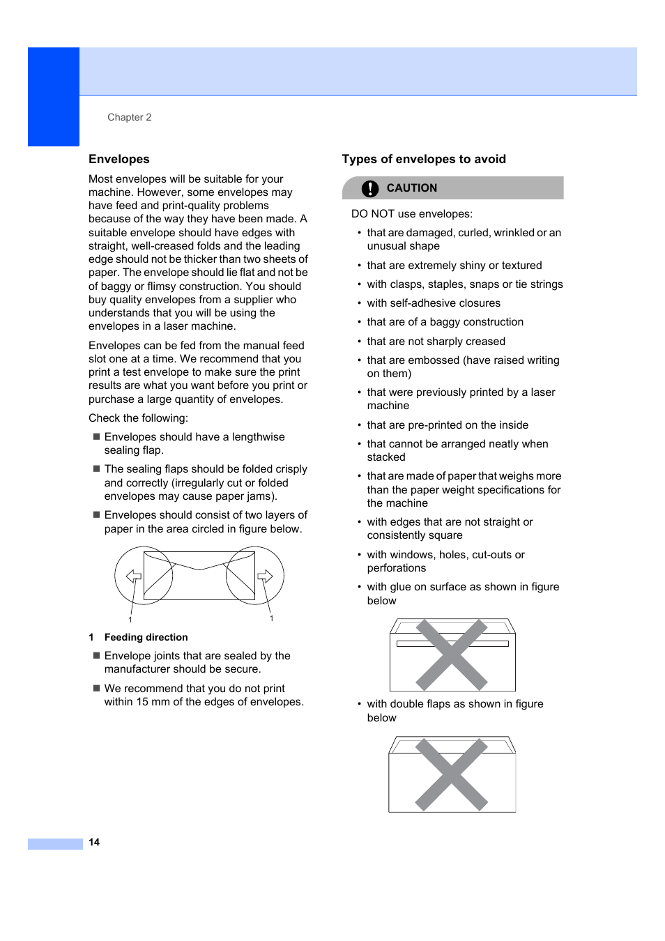 Envelopes, Types of envelopes to avoid | Brother DCP-7040 User Manual | Page 20 / 103