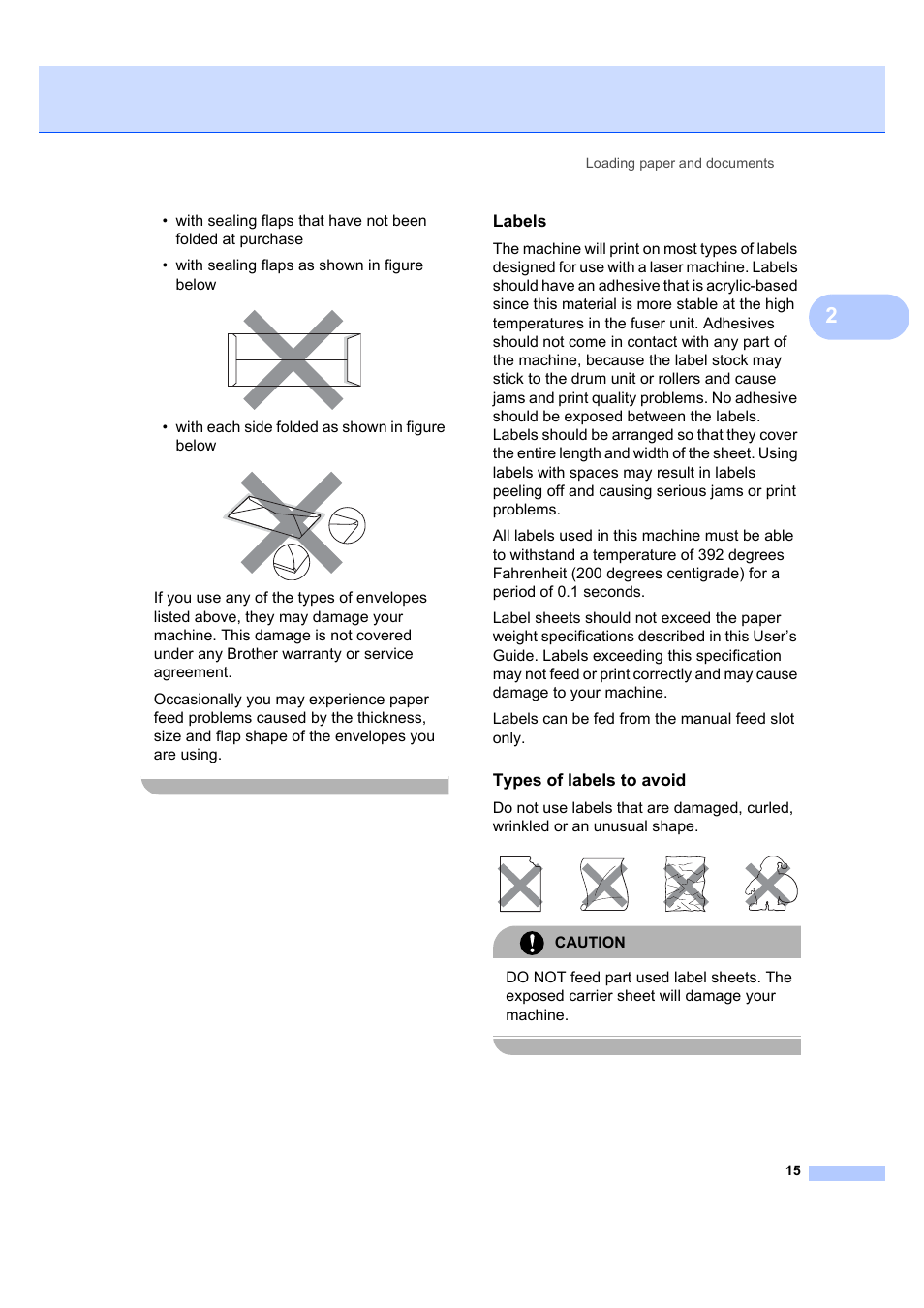 Labels, Types of labels to avoid | Brother DCP-7040 User Manual | Page 21 / 103
