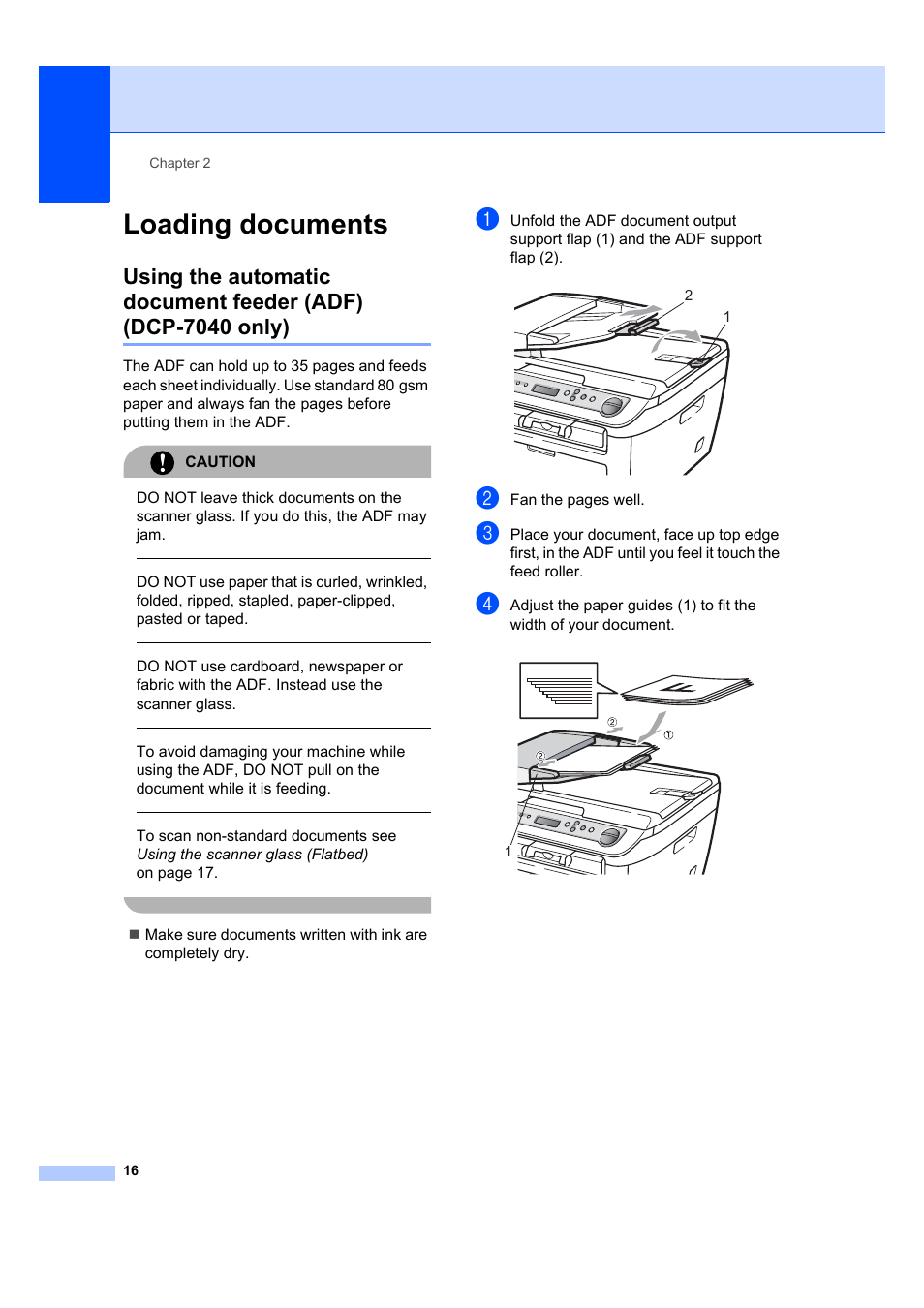 Loading documents | Brother DCP-7040 User Manual | Page 22 / 103