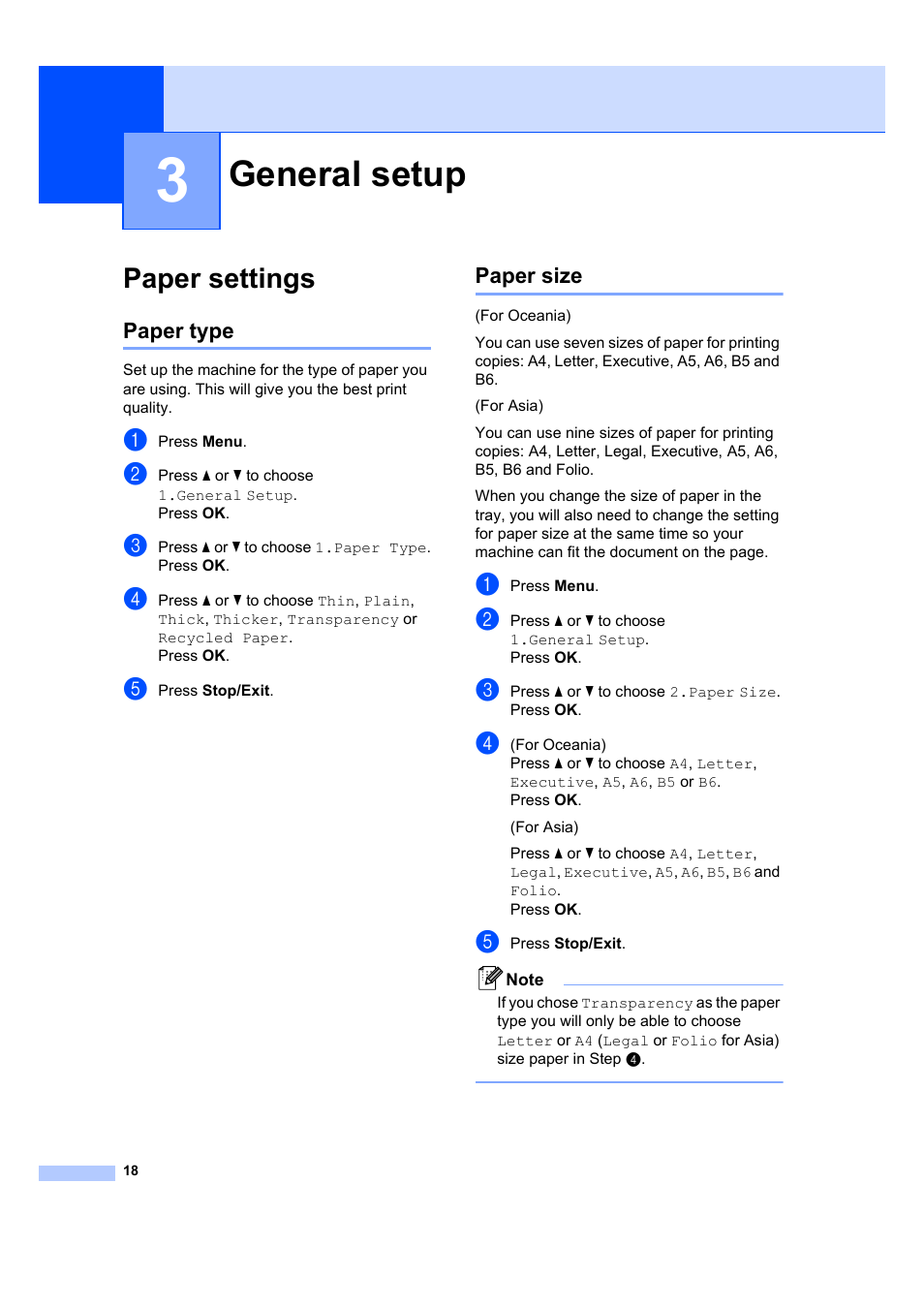 3 general setup, Paper settings, Paper type | Paper size, General setup, Paper type paper size | Brother DCP-7040 User Manual | Page 24 / 103
