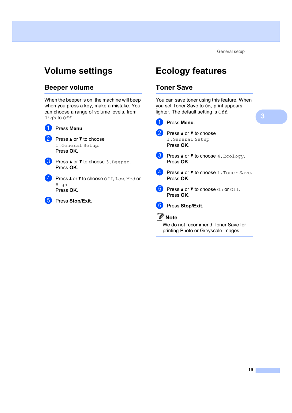 Volume settings, Beeper volume, Ecology features | Toner save | Brother DCP-7040 User Manual | Page 25 / 103