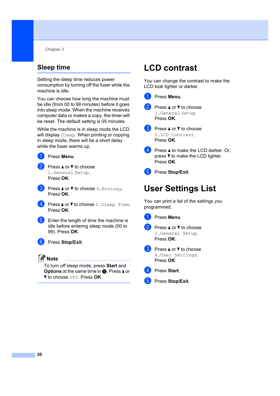 Sleep time, Lcd contrast, User settings list | Lcd contrast user settings list | Brother DCP-7040 User Manual | Page 26 / 103