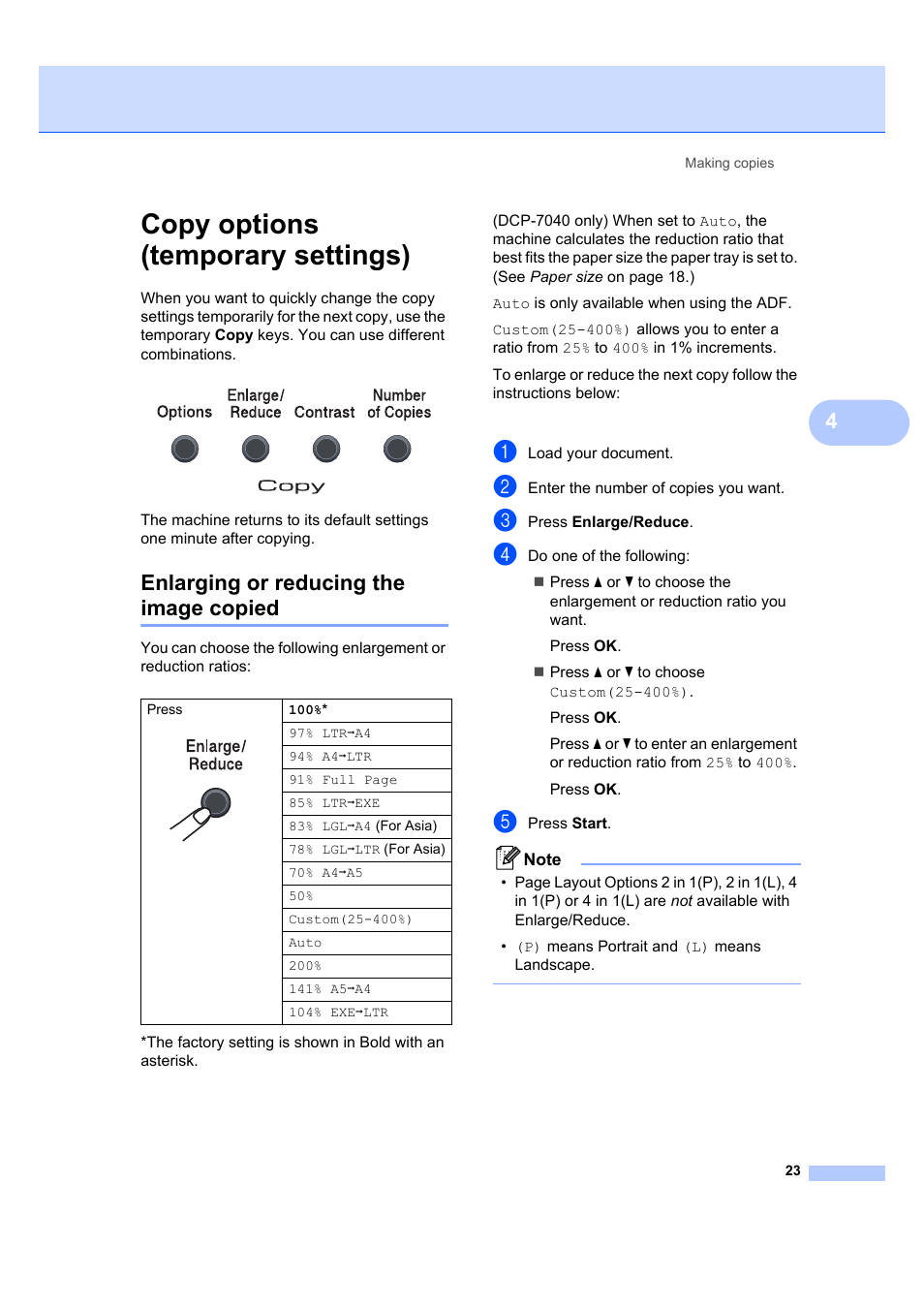 Copy options (temporary settings), Enlarging or reducing the image copied | Brother DCP-7040 User Manual | Page 29 / 103