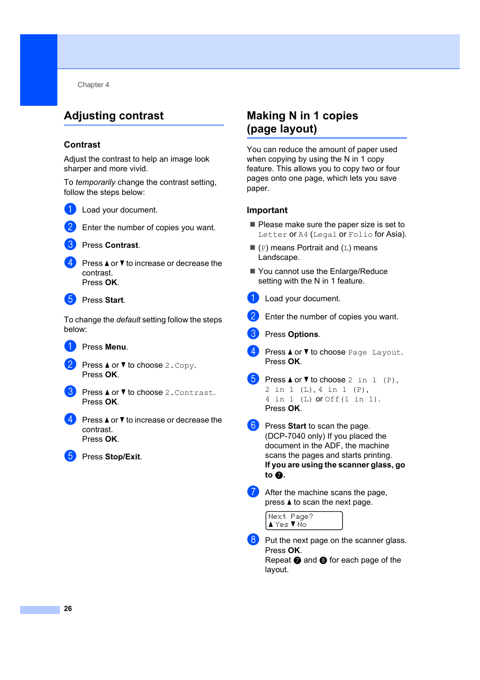 Adjusting contrast, Contrast, Important | Making n in 1 copies (page layout) | Brother DCP-7040 User Manual | Page 32 / 103