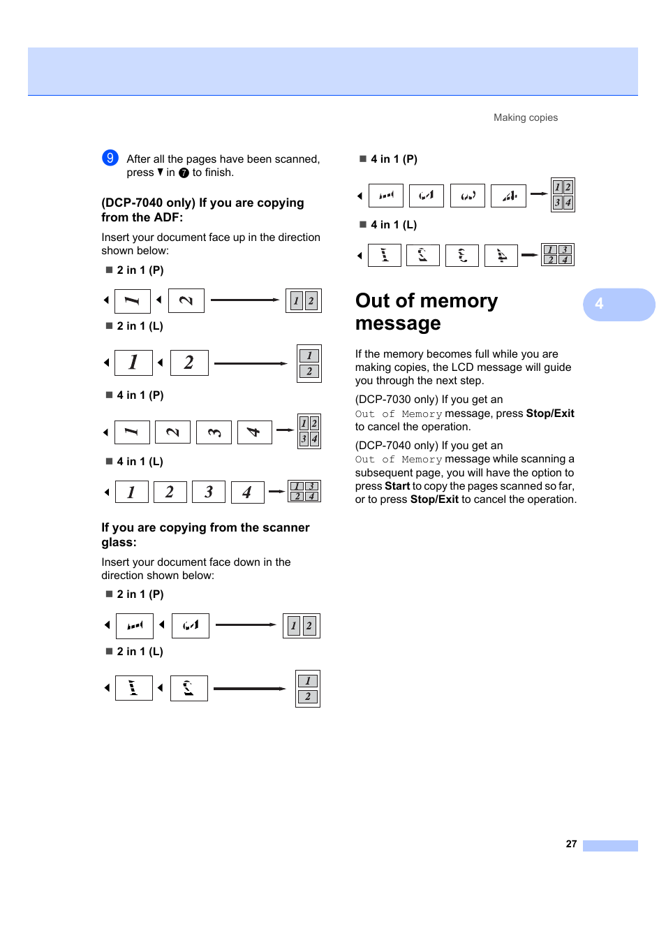 Dcp-7040 only) if you are copying from the adf, If you are copying from the scanner glass, Out of memory message | Brother DCP-7040 User Manual | Page 33 / 103