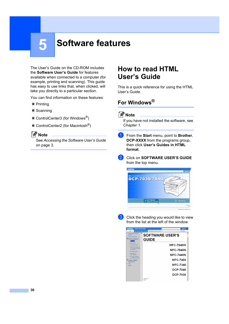 5 software features, How to read html user’s guide, For windows | Software features | Brother DCP-7040 User Manual | Page 36 / 103