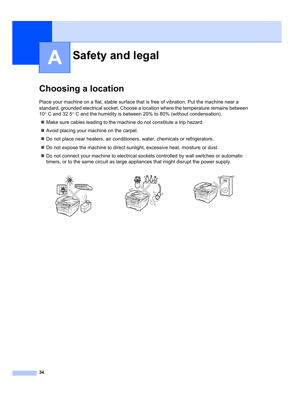 A safety and legal, Choosing a location, Safety and legal | Brother DCP-7040 User Manual | Page 40 / 103