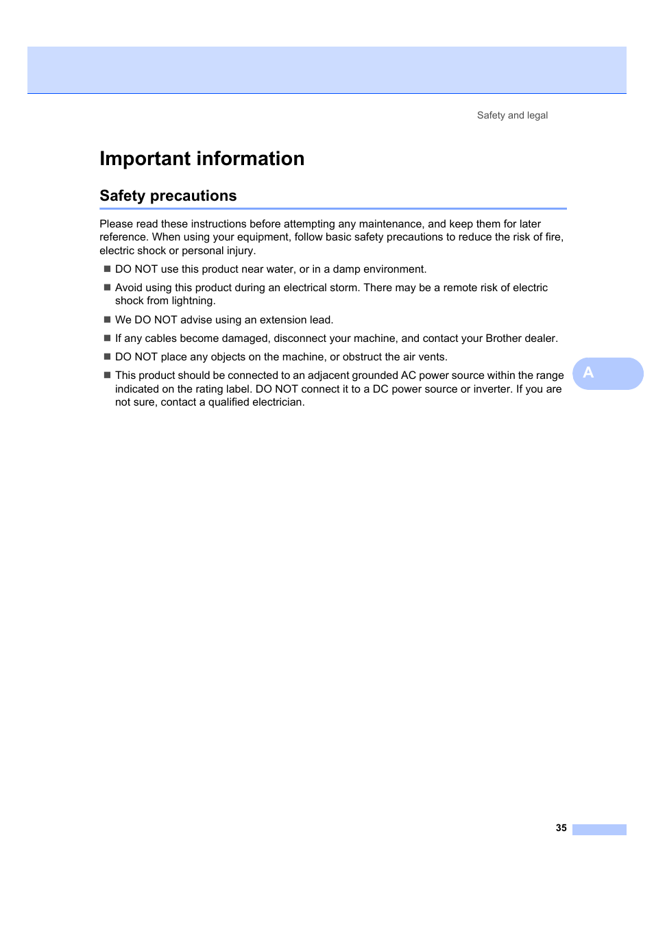 Important information, Safety precautions | Brother DCP-7040 User Manual | Page 41 / 103