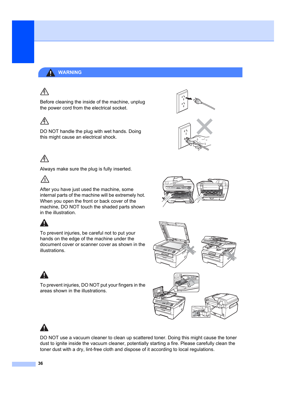 Warning | Brother DCP-7040 User Manual | Page 42 / 103