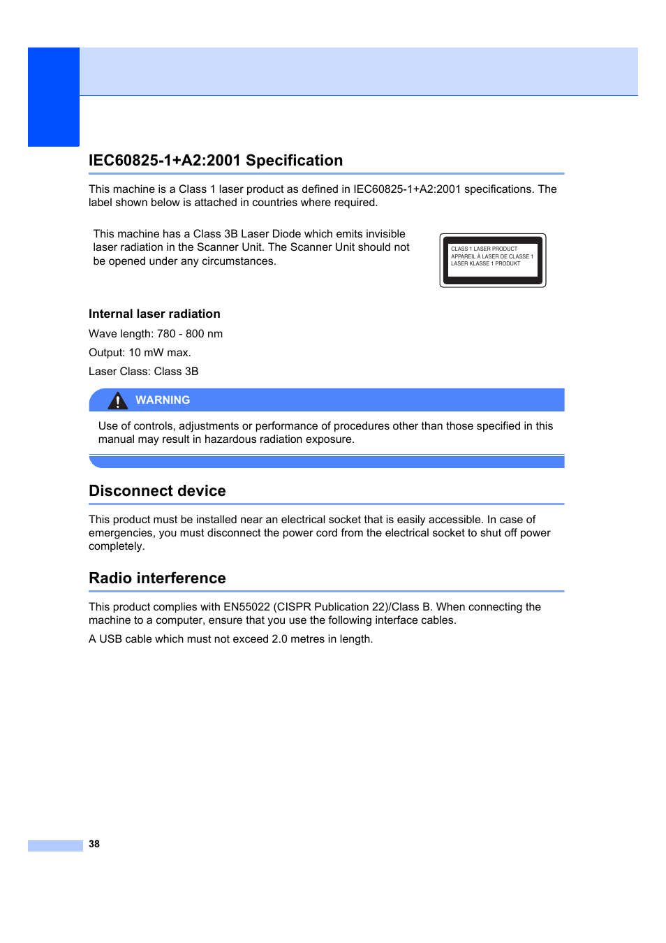 Iec60825-1+a2:2001 specification, Disconnect device, Radio interference | Internal laser radiation | Brother DCP-7040 User Manual | Page 44 / 103