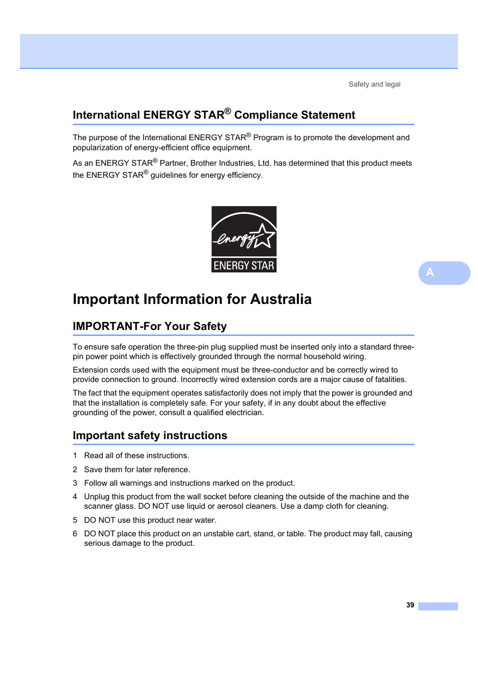 International energy star® compliance statement, Important information for australia, Important-for your safety | Important safety instructions, International energy star, Compliance statement, Ainternational energy star | Brother DCP-7040 User Manual | Page 45 / 103