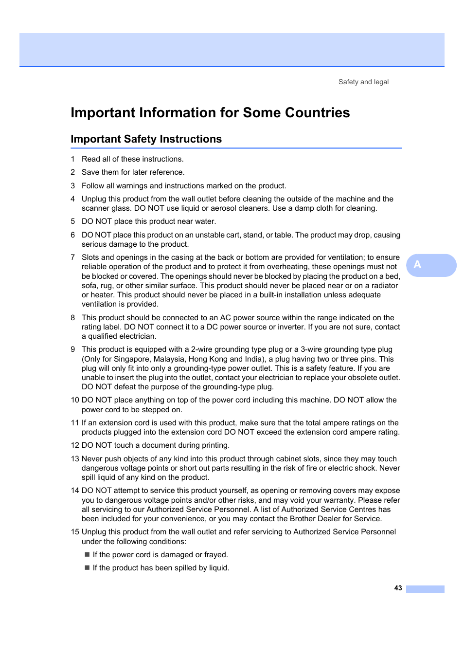 Important information for some countries, Important safety instructions | Brother DCP-7040 User Manual | Page 49 / 103