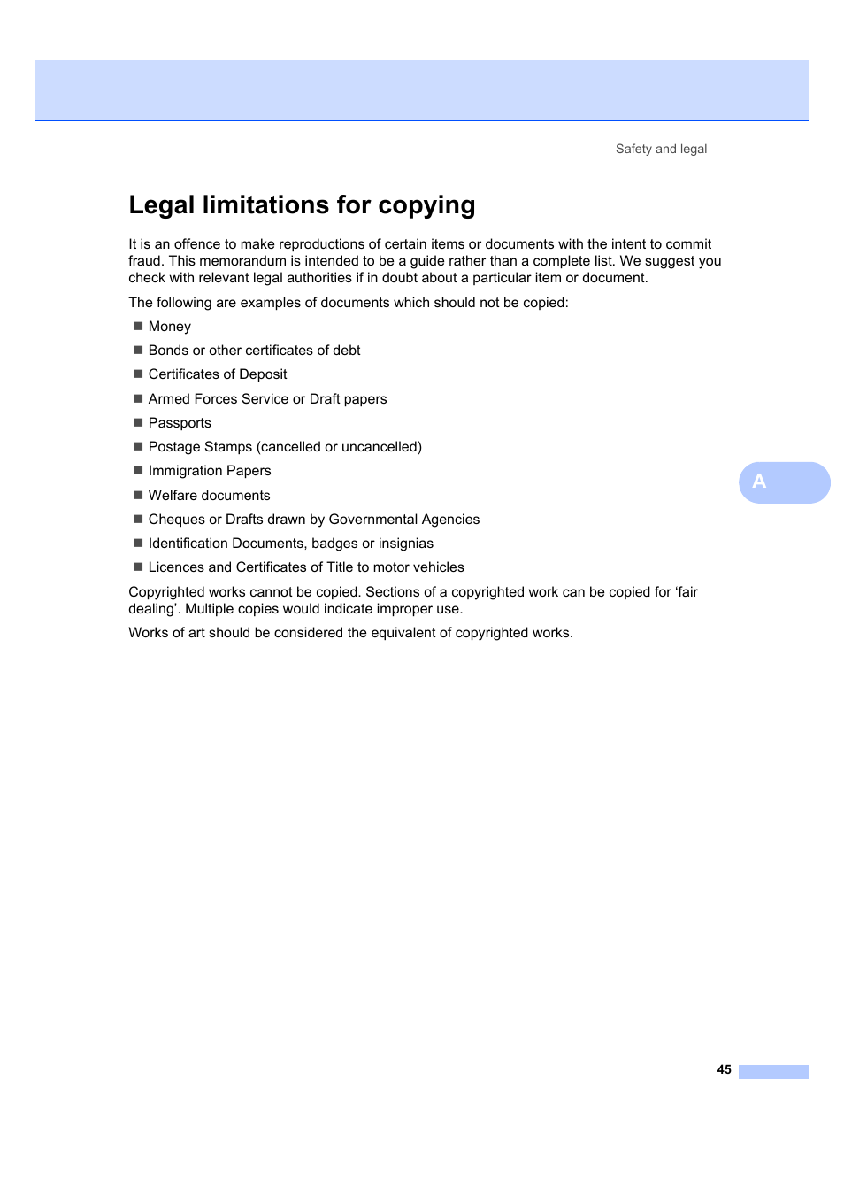 Legal limitations for copying | Brother DCP-7040 User Manual | Page 51 / 103