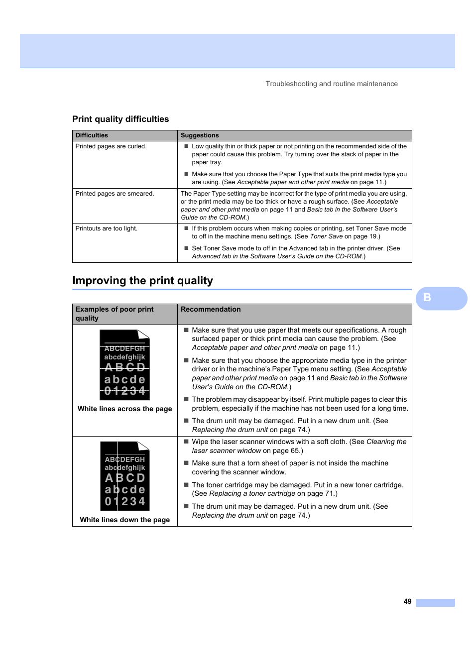 Improving the print quality, Bimproving the print quality, Print quality difficulties | Brother DCP-7040 User Manual | Page 55 / 103