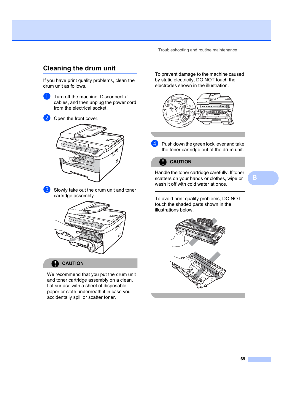 Cleaning the drum unit, Bcleaning the drum unit, Open the front cover | Caution | Brother DCP-7040 User Manual | Page 75 / 103