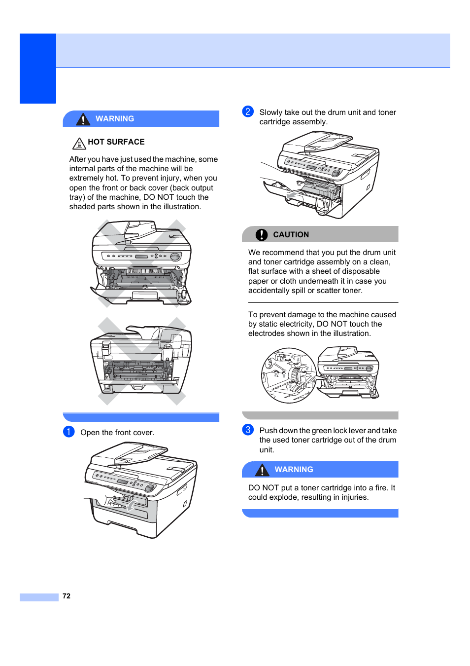 Warning, Open the front cover, Caution | Brother DCP-7040 User Manual | Page 78 / 103