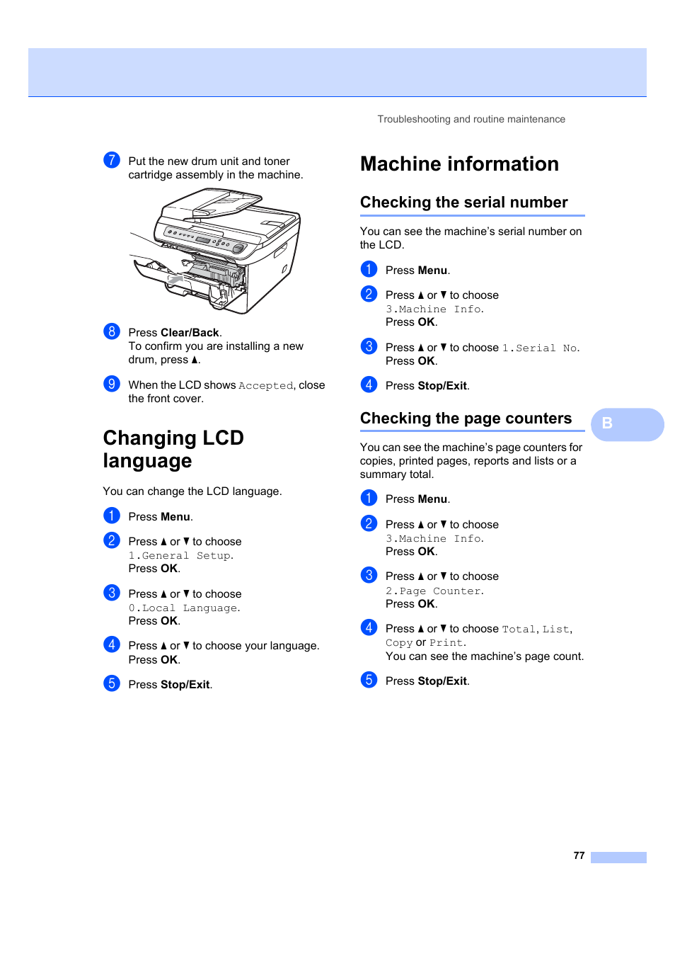 Changing lcd language, Machine information, Checking the serial number | Changing lcd language machine information, Checking the page counters | Brother DCP-7040 User Manual | Page 83 / 103