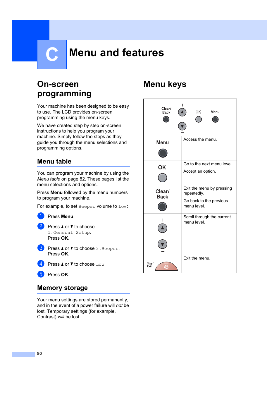 C menu and features, On-screen programming, Menu table | Memory storage, Menu keys, Menu and features, Menu table memory storage | Brother DCP-7040 User Manual | Page 86 / 103