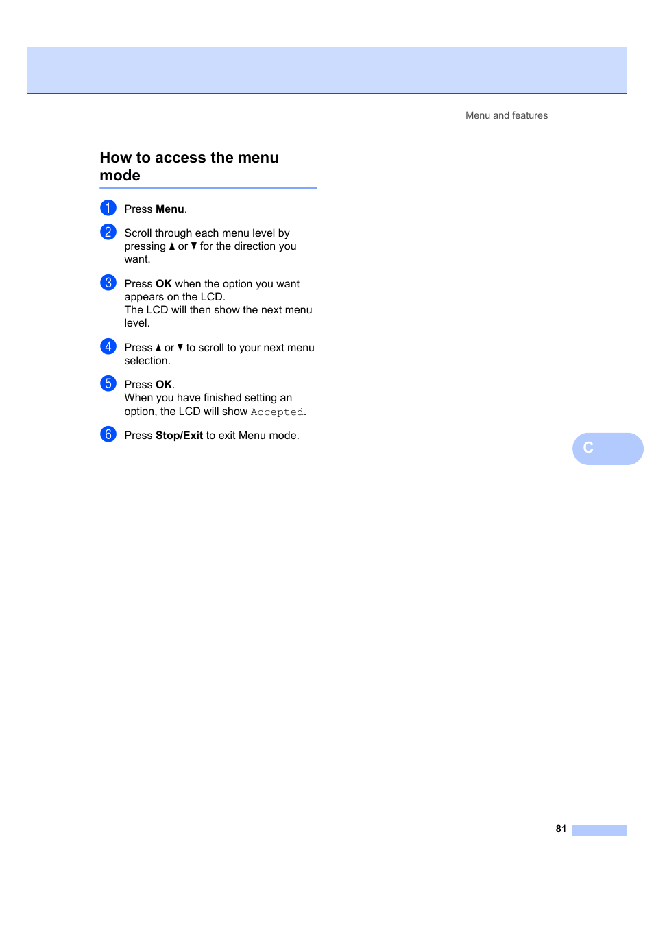 How to access the menu mode, Chow to access the menu mode | Brother DCP-7040 User Manual | Page 87 / 103