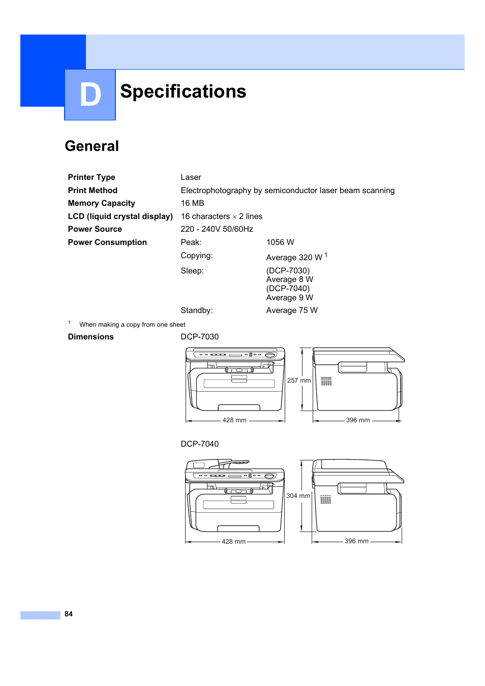 D specifications, General, Specifications | Brother DCP-7040 User Manual | Page 90 / 103