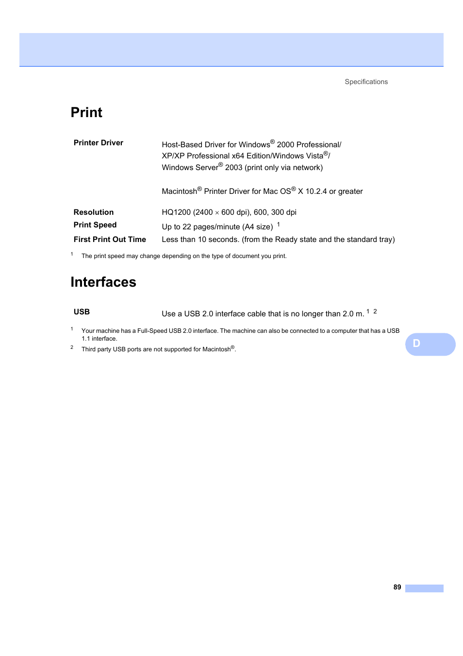 Print, Interfaces, Print interfaces | Brother DCP-7040 User Manual | Page 95 / 103