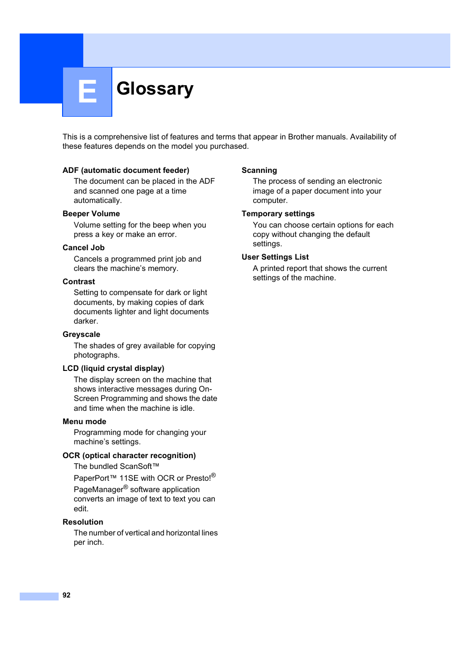 E glossary, Glossary | Brother DCP-7040 User Manual | Page 98 / 103